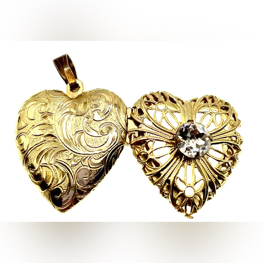 Gold Tone Heart Locket Filigree Perfume Pendant Prong Set Faceted Crystal